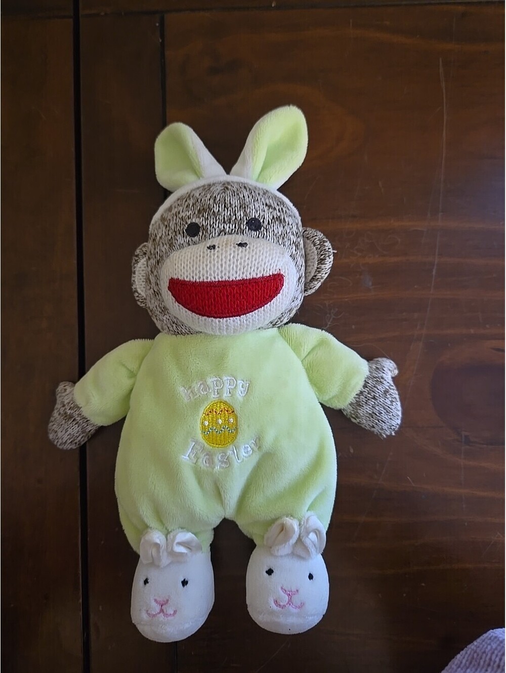 Baby Starters Sock Monkey Rattle Plush Happy Easter Bunny Green 10”